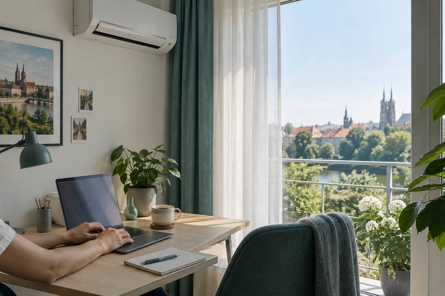 Home office in a rented Wrocław flat with an air conditioner above the desk