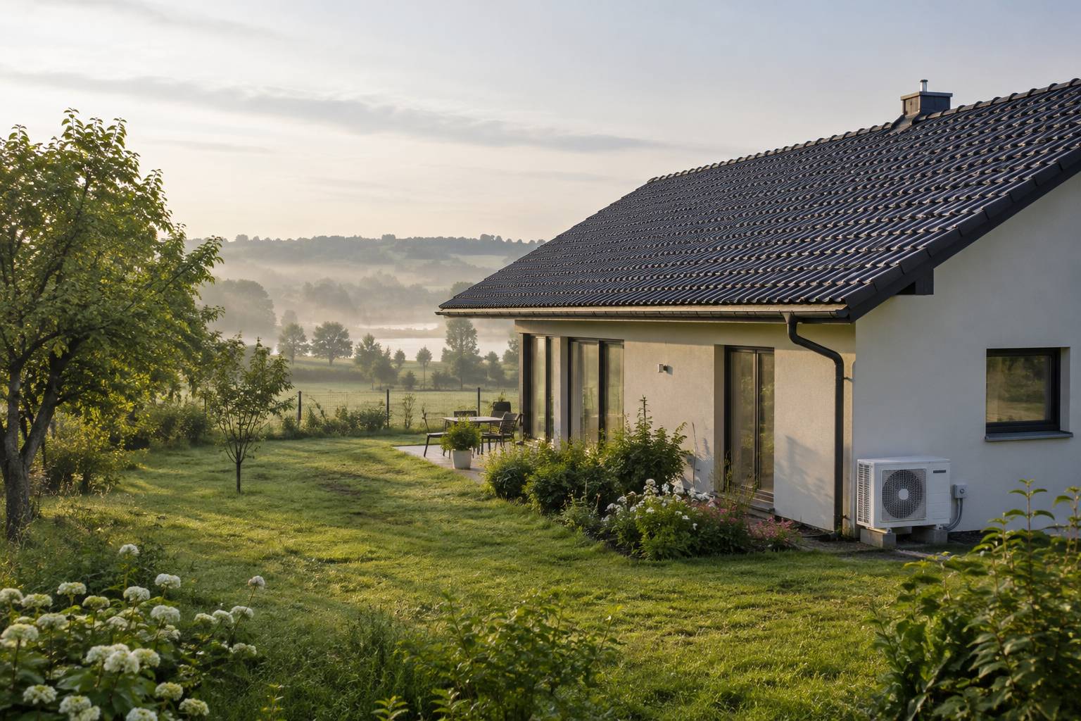 Parterowy dom w zielonej okolicy przy łąkach, jednostka klimatyzacji przy tylnej ścianie