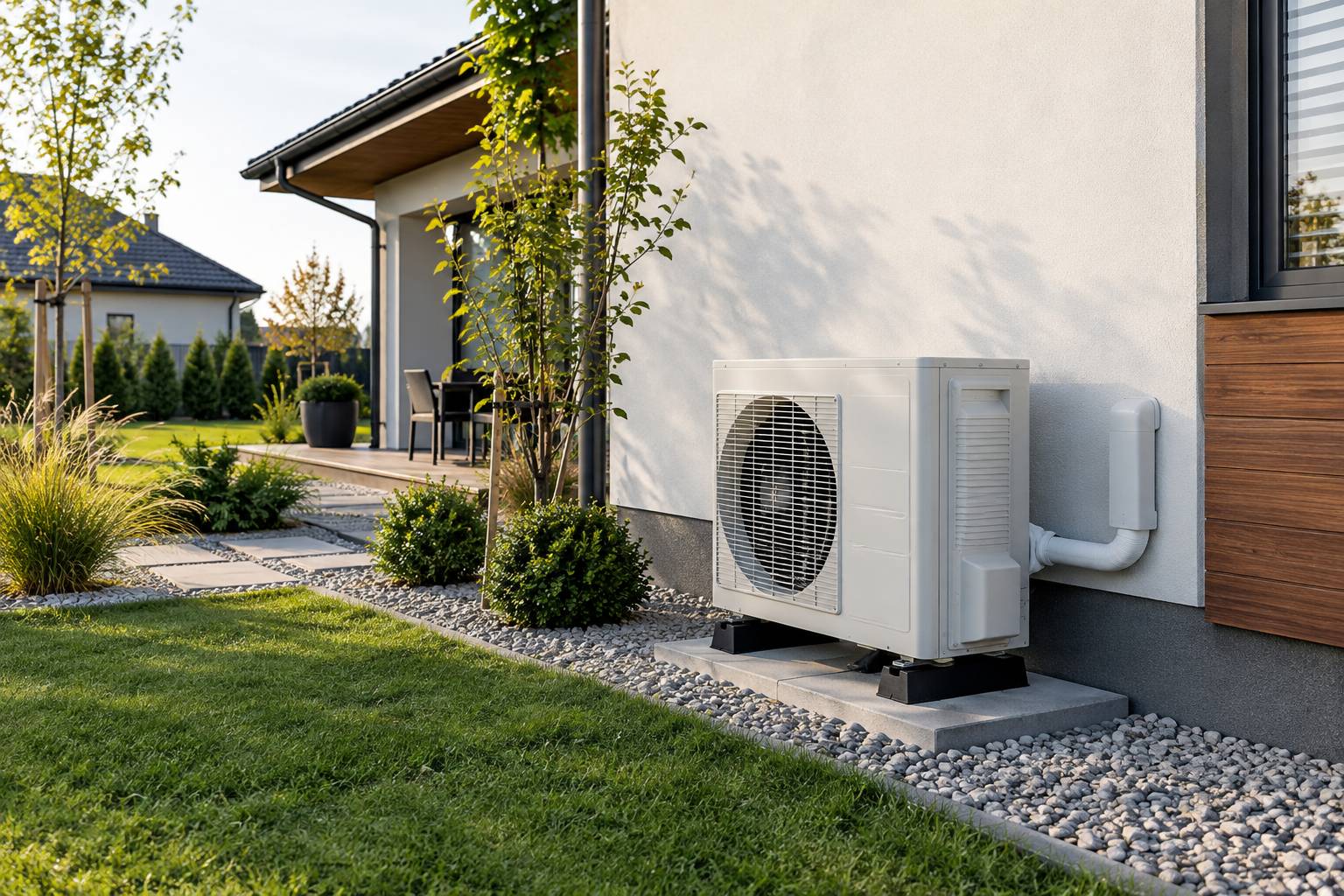 Nowoczesny dom jednorodzinny z jednostką zewnętrzną klimatyzacji lub pompy ciepła na stopie przy ścianie bocznej