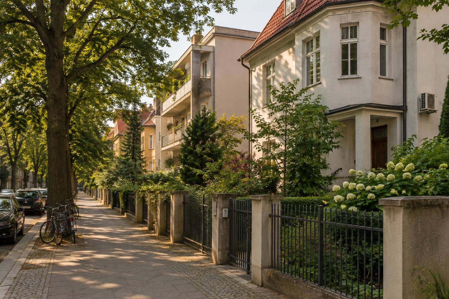 Spokojna ulica z przedwojennymi willami i niewielkimi budynkami mieszkalnymi wśród drzew, na ścianie jednostka klimatyzacji