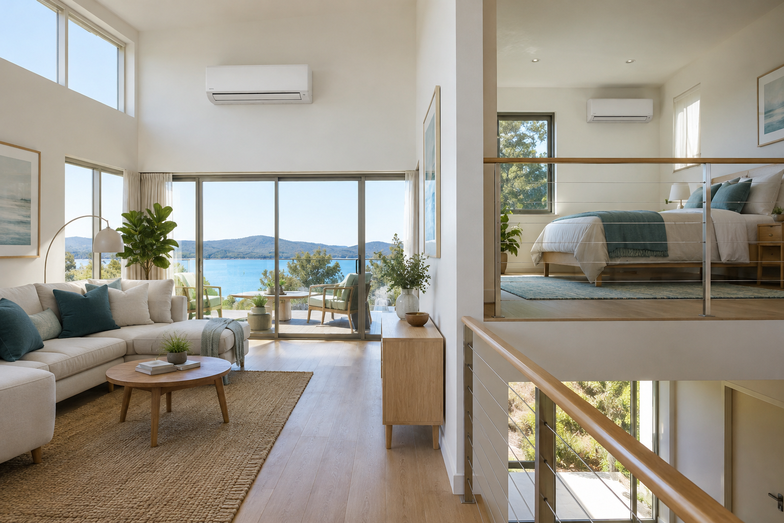 Otwarte wnętrze domu z antresolą i dwiema jednostkami wewnętrznymi klimatyzacji w salonie i sypialni – przykład systemu multi-split