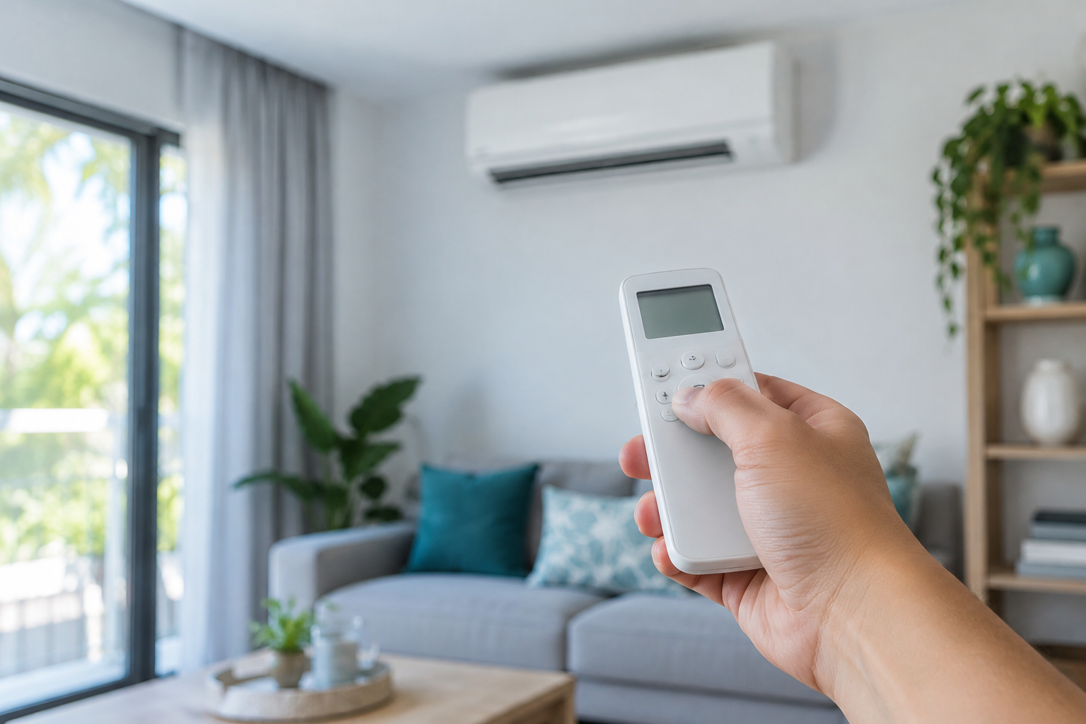 Dłoń z pilotem skierowanym na klimatyzator ścienny w salonie