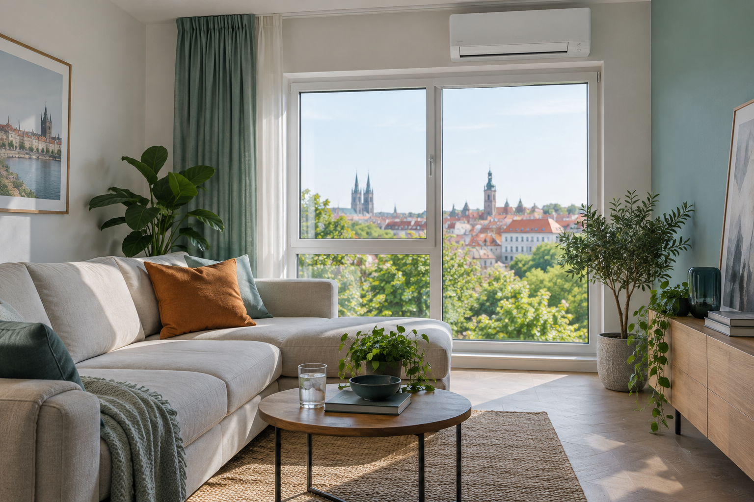 Jasny salon w mieszkaniu we Wrocławiu z białym klimatyzatorem ściennym nad oknem i widokiem na dachy oraz wieże kościołów