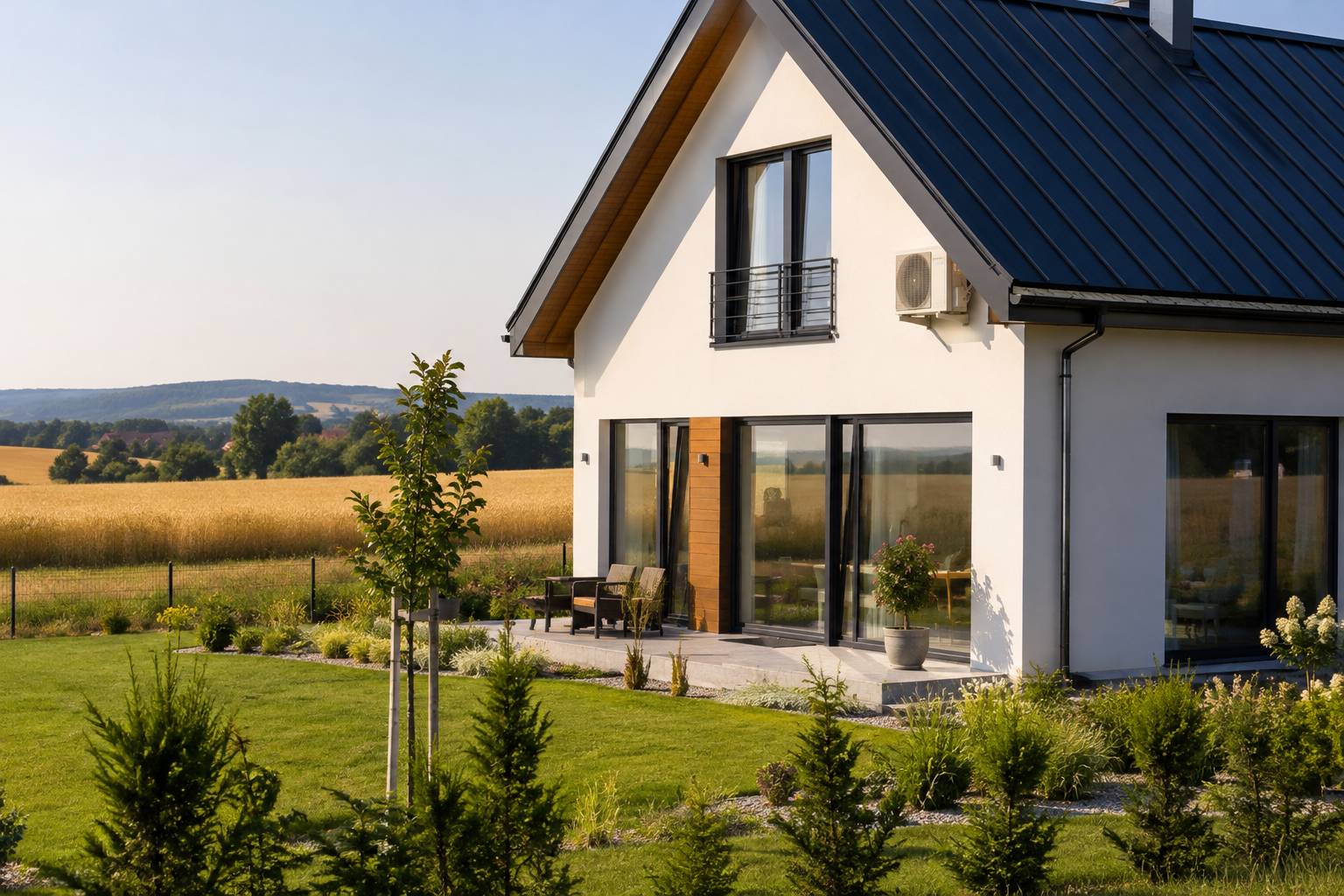 Nowy dom w stylu nowoczesnej stodoły wśród pól, jednostka klimatyzacji pod okapem