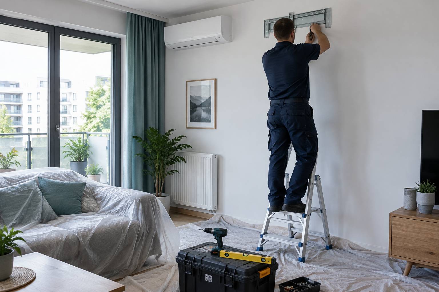 Instalator na drabinie montuje uchwyt jednostki wewnętrznej klimatyzacji w salonie, podłoga i sofa zabezpieczone folią