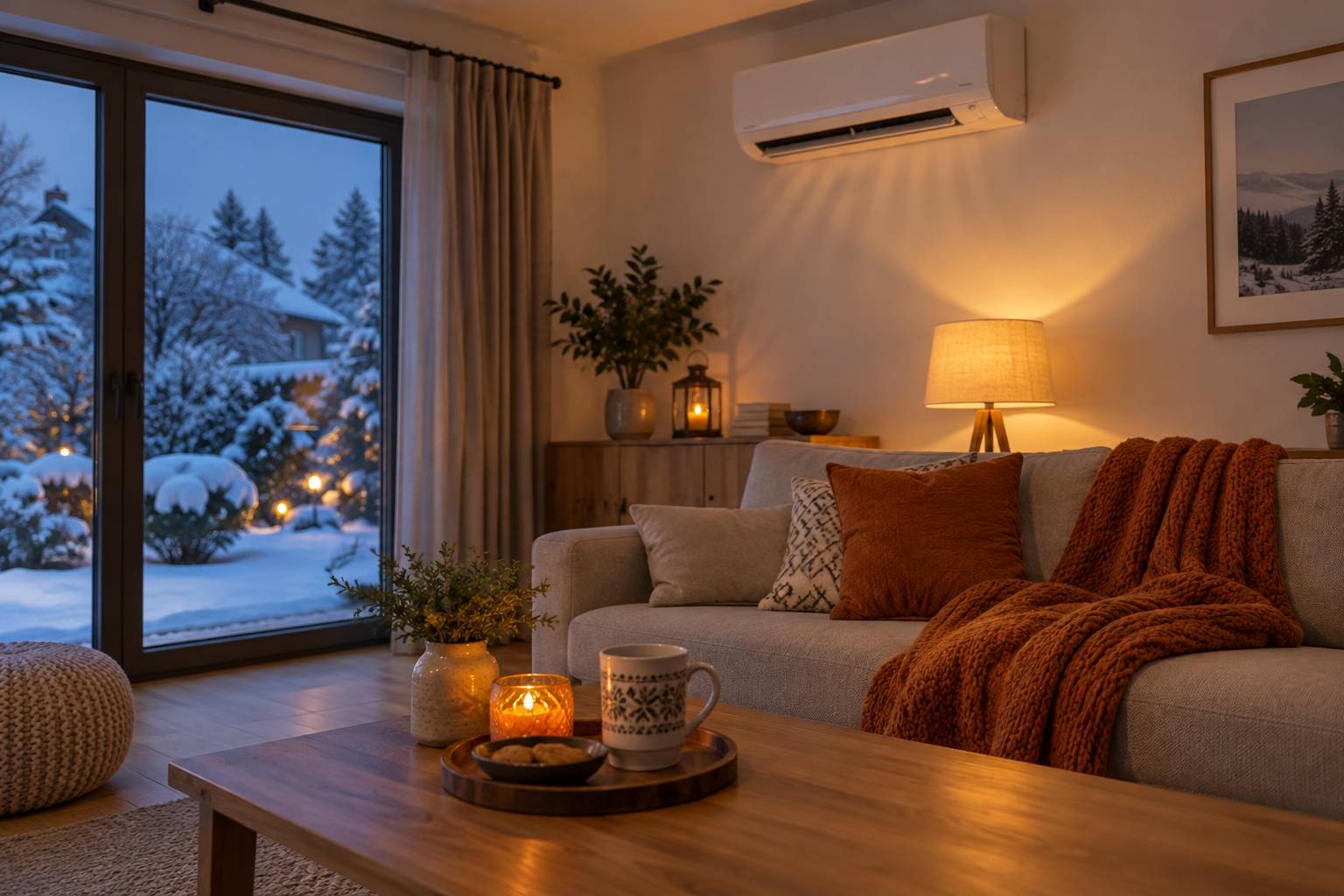 Przytulny salon zimą, klimatyzator ścienny grzeje pomieszczenie, za oknem ośnieżony ogród